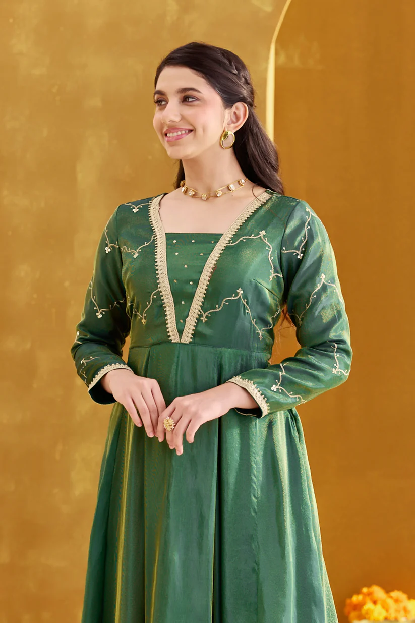 Green Shimmer Anarkali with Sequin & Embroidery Work